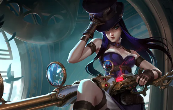 Картинка girl, fantasy, game, long hair, weapon, hat, blue eyes, League of Legends
