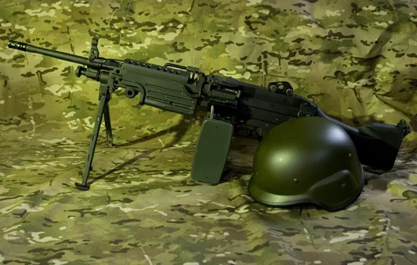 Картинка оружие, каска, пулемёт, ручной, M249, Minimi