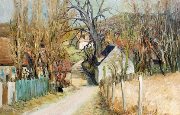 Картинка дорога, деревья, пейзаж, дома, картина, Марсель Диф