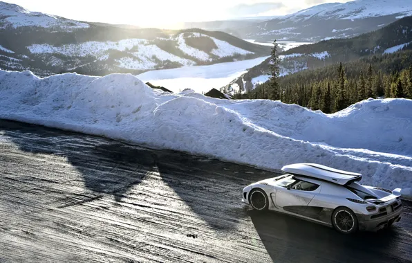Картинка дорога, белый, снег, горы, Koenigsegg, Top Gear, суперкар, самая лучшая телепередача