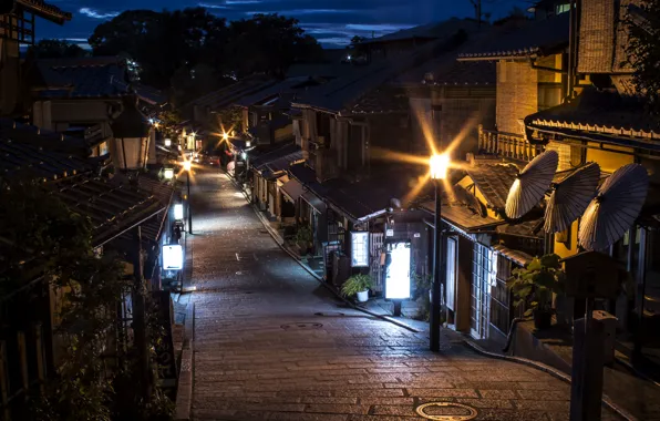 Картинка ночь, огни, дома, Япония, фонари, Kyoto, улочка