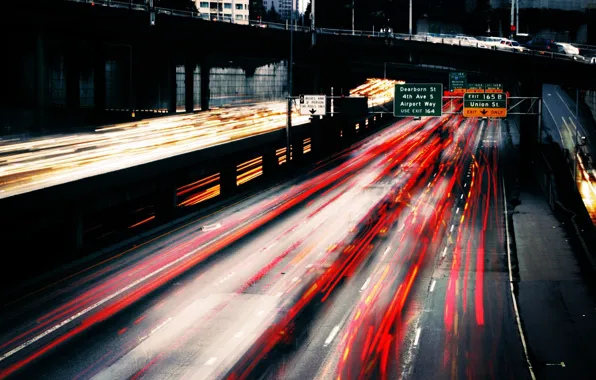 Картинка мост, огни, блики, движение, скорость, автострада