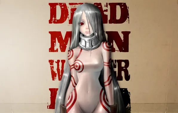 Девушка, стена, надпись, красные глаза, альбинос, deadman wonderland, shiro
