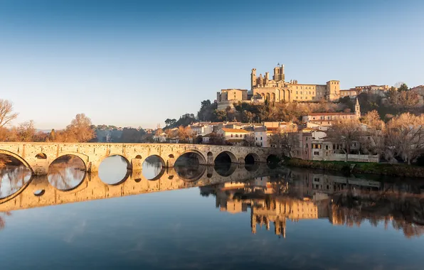 Картинка пейзаж, отражение, река, Франция, здания, собор, France, Старый мост