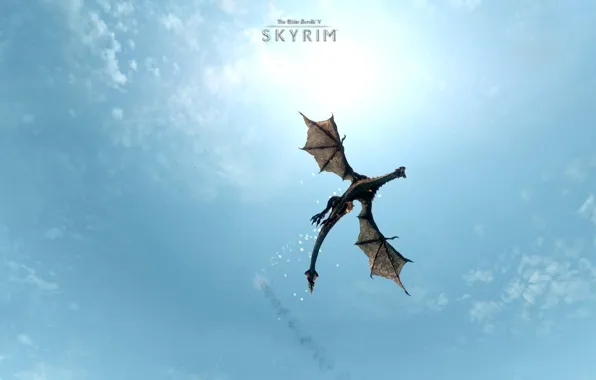 Небо, полет, голубое, дракон, игра, крылья, The Elder Scrolls V: Skyrim