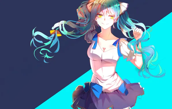 Улыбка, чулки, голубые глаза, vocaloid, бант, Hatsune Miku, длинные волосы, синий фон