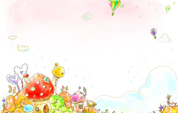 Картинка трава, облака, воздушные шары, забор, сердечки, домик, кусты, детские обои