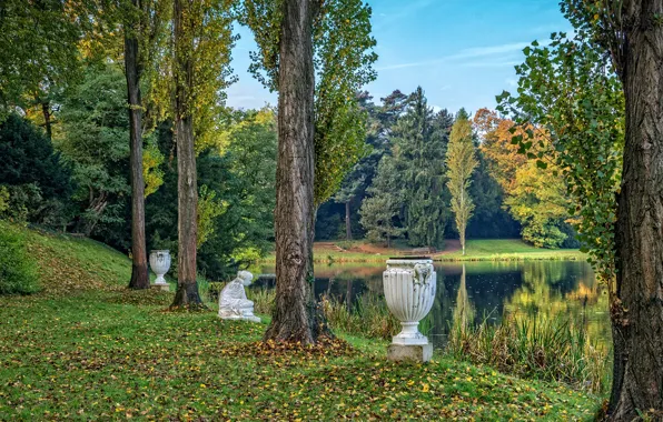 Картинка осень, трава, листья, деревья, пруд, парк, Германия, скульптура