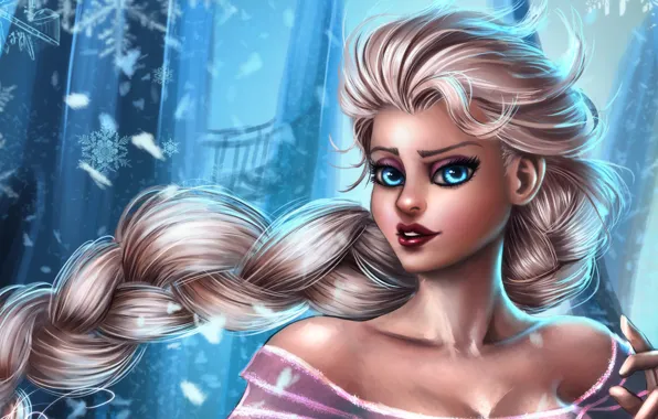 Картинка взгляд, снежинки, волосы, мультфильм, Frozen, Walt Disney, Дисней, Snow Queen Elsa