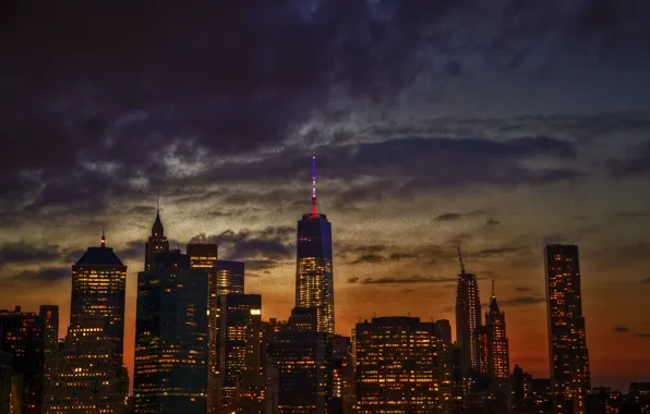 Картинка небо, облака, свет, Нью-Йорк, сумерки, Манхэттен, Соединенные Штаты, 1WTC