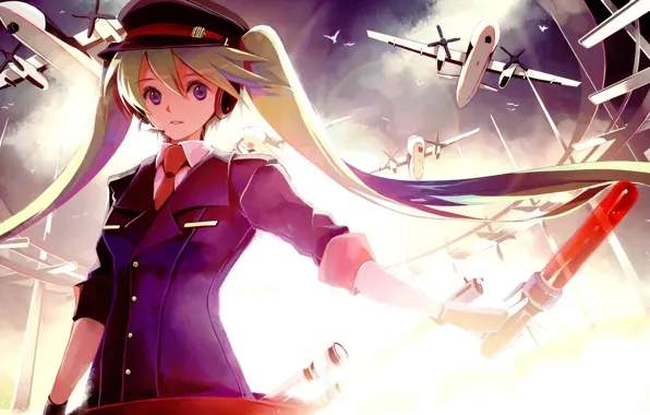 Небо, самолеты, vocaloid, hatsune miku, жезл, фуражка, униформа
