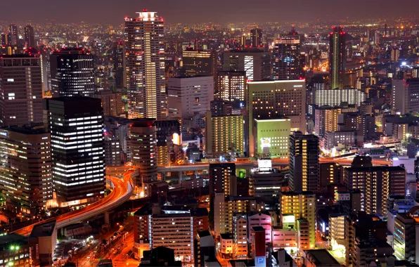 Ночь, огни, дома, Япония, мегаполис, вид сверху, Osaka