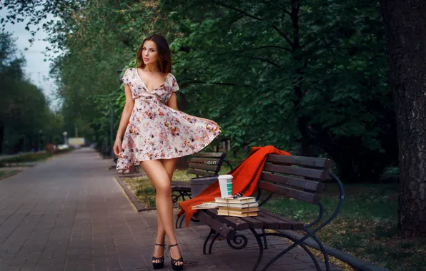 Картинка девушка, скамейка, поза, парк, книги, платье, ножки, Alexander Drobkov-Light