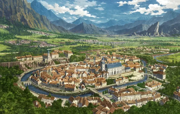 Landscape, anime, art, city​​, Ragna Crimson, processed by AI