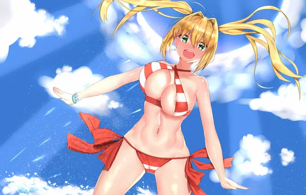Girl, sexy, cleavage, sky, green eyes, long hair, boobs, anime
