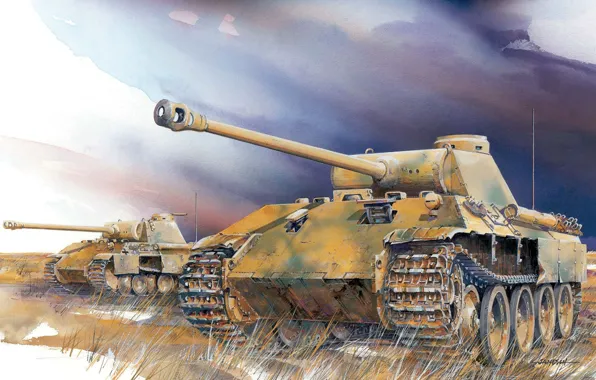 Картинка поле, война, рисунок, арт, художник, танки, WW2, немецкие