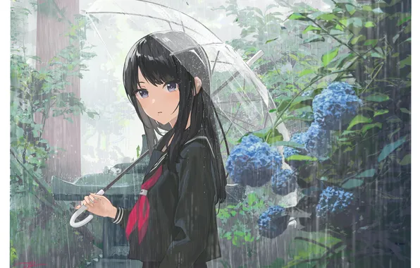 Девушка, дождь, гортензия, Hiori Kazano, The iDOLM@STER Shiny Colors