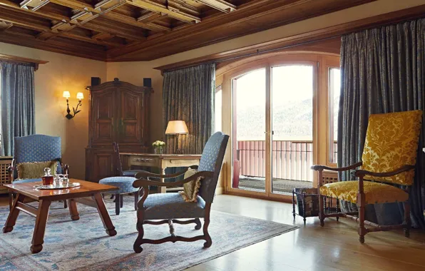 Интерьер, Швейцария, отель, номер люкс, St. Moritz, Badrutt's Palace Hotel, Hitchcock Suite