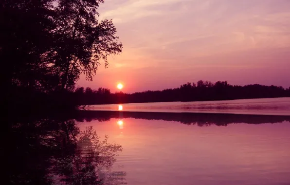 Картинка лес, закат, природа, река, sunset in september with reflection