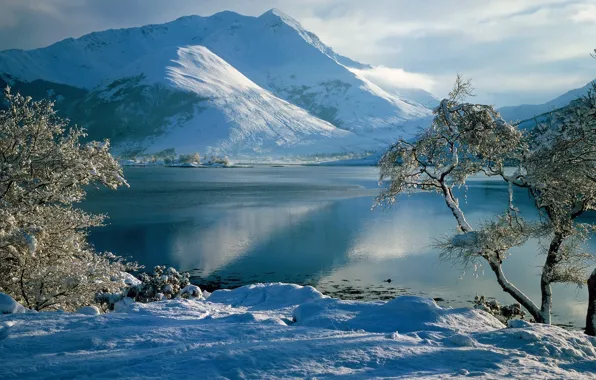 Картинка зима, иней, небо, снег, деревья, горы, река