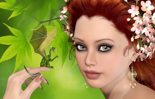 Картинка девушка, цветы, дракон, зеленый фон