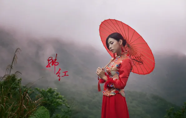 Картинка природа, зонтик, азиатка, боке, девушка в красном, эффектно