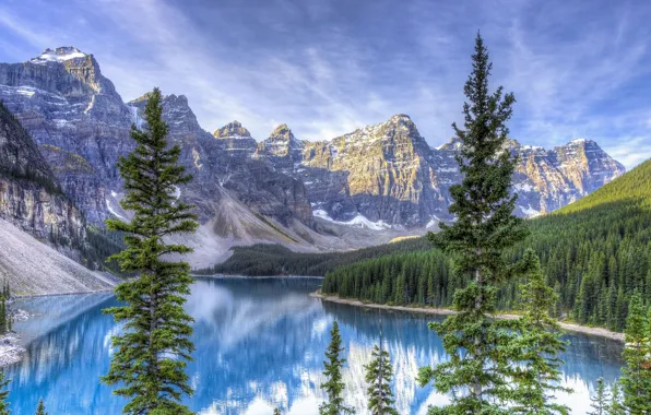 Картинка горы, озеро, ели, HDR photo