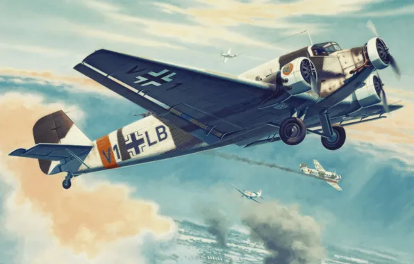 Картинка aircraft, war, painting, drawing, ww2, Junkers JU-52