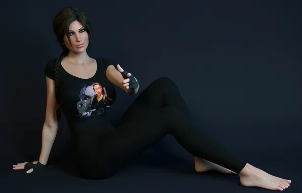 Грудь, девушка, рендеринг, ноги, lara croft, tomb raider, жест, перчатка