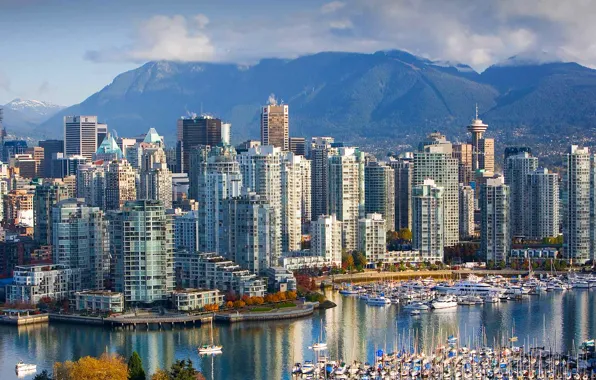 Картинка пейзаж, горы, дома, Канада, Ванкувер, гавань, Британская Колумбия
