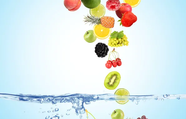 Картинка вода, пузырьки, вишня, ягоды, малина, фон, голубой, лимон