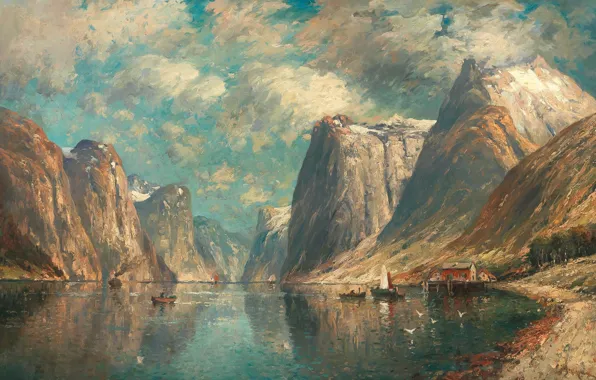 Картинка Austrian painter, австрийский живописец, oil on canvas, Адольф Кауфманн, Adolf Kaufmann, Пейзаж фьорда, Fjord Landscape
