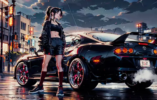 Car, city, girl, night, ai art