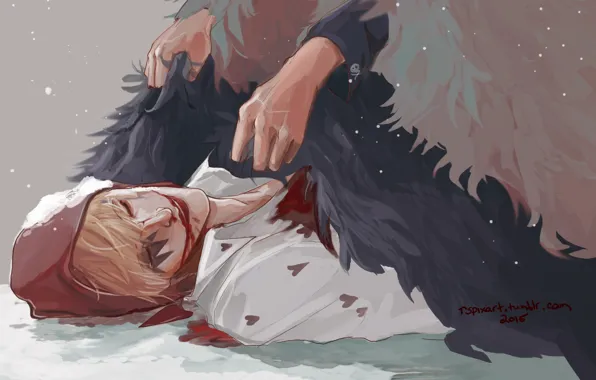 Кровь, шляпа, перья, руки, арт, Аниме, парень, Anime