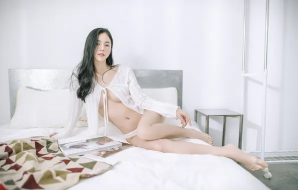Beautiful, Asian, Model, Bed, Woman, Pretty, Book, Indoor