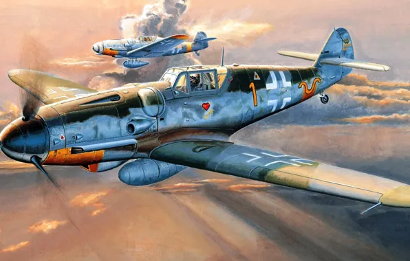 Рисунок, Messerschmitt, Luftwaffe, Люфтваффе, одномоторный поршневой истребитель-низкоплан, самая массовая модель BF-109, BF109 G-6