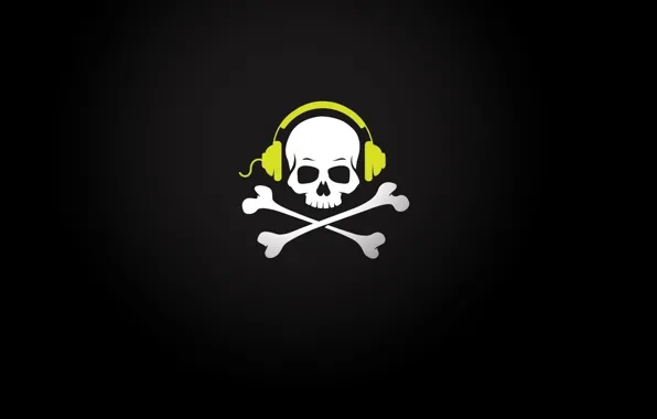 Череп, music, наушники, кости, провод, skull, pirate