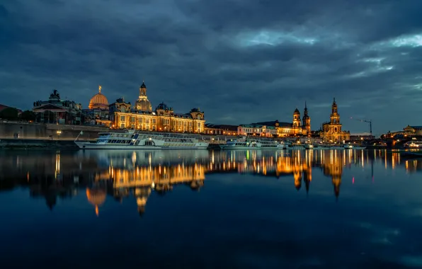 Отражение, река, здания, дома, Германия, Дрезден, причал, ночной город