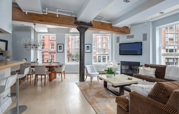 Интерьер, камин, New York, гостиная, столовая, Tribeca, Duane Street