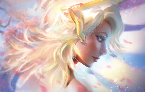 Небо, девушка, арт, Mercy, by Seiorai, Оverwatch
