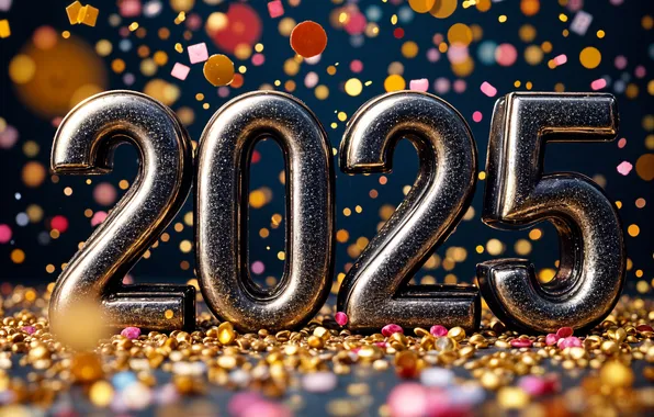 Темный фон, цифры, Новый год, дата, боке, конфетти, серебристые, 2025