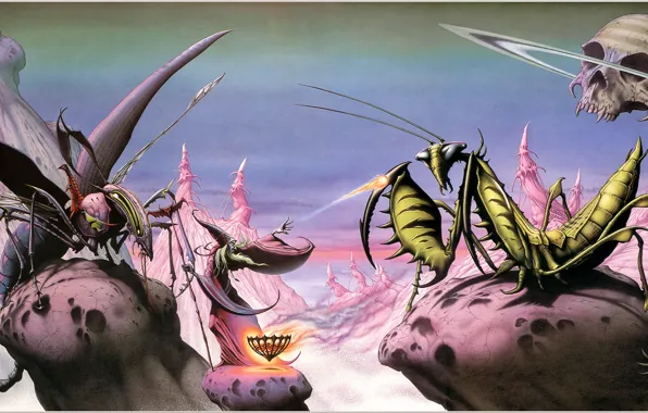 Насекомые, фантастика, скалы, череп, богомол, Rodney Matthews