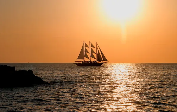 Океан, парусник, вечер, evening, sun, sailboat