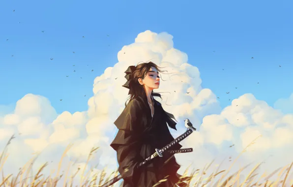 Картинка field, clouds, samurai, Sam Yang, woman with sword