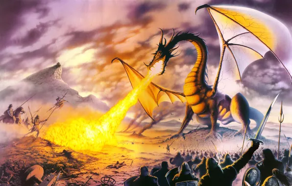 Картинка фентези, огонь, дракон, STEVE READ, Dragon Lord, воины