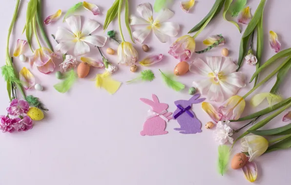 Цветы, яйца, весна, Пасха, тюльпаны, white, happy, flowers