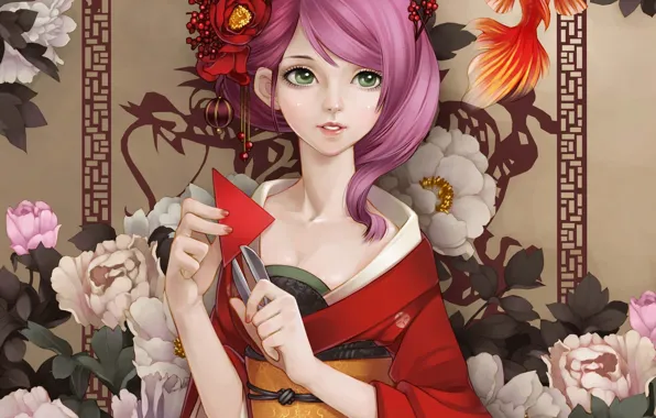 Картинка девушка, цветы, бумага, рыбка, рыба, арт, кимоно, ножницы