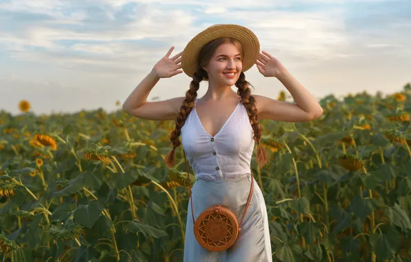Поле, лето, небо, взгляд, девушка, подсолнухи, поза, юбка