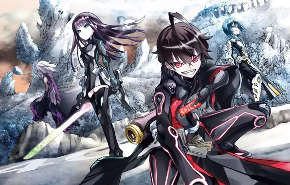 Улыбка, оружие, девушки, аниме, арт, парень, Sousei no Onmyouji