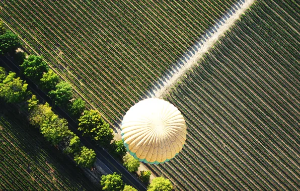 Дорога, поле, полет, воздушный шар, вид сверху, baloon, air baloon